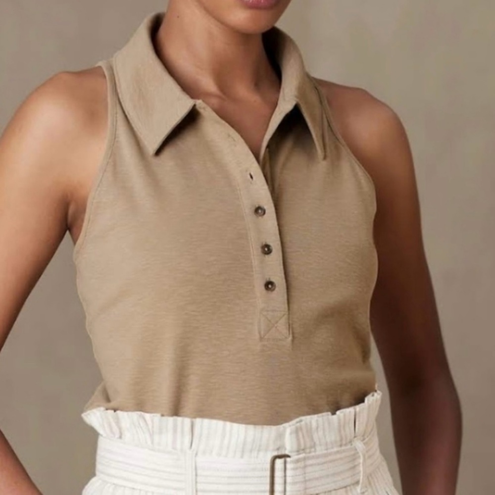Banana Republic Beige Sleeveless Polo Top XS Ribbed Knit Button Front Summer - Picture 4 of 11